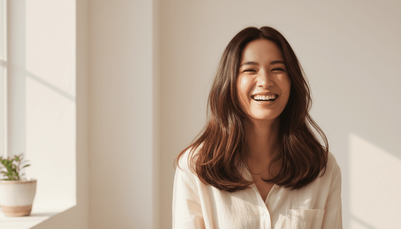 Persona sonriendo con cabello saludable y brillante en fondo minimalista.