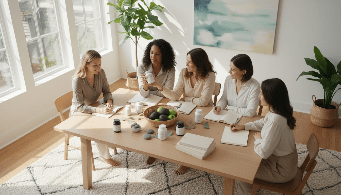 Diverse group of women gathered around marble table examining premium wellness supplements and fresh ingredients in sunlit space