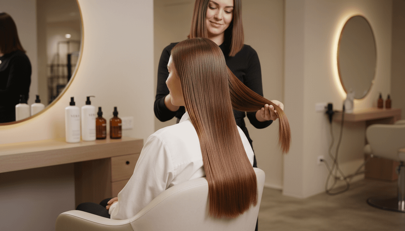 Stylist showcasing silky glossy results of keratin treatment on satisfied client's hair in modern salon setting