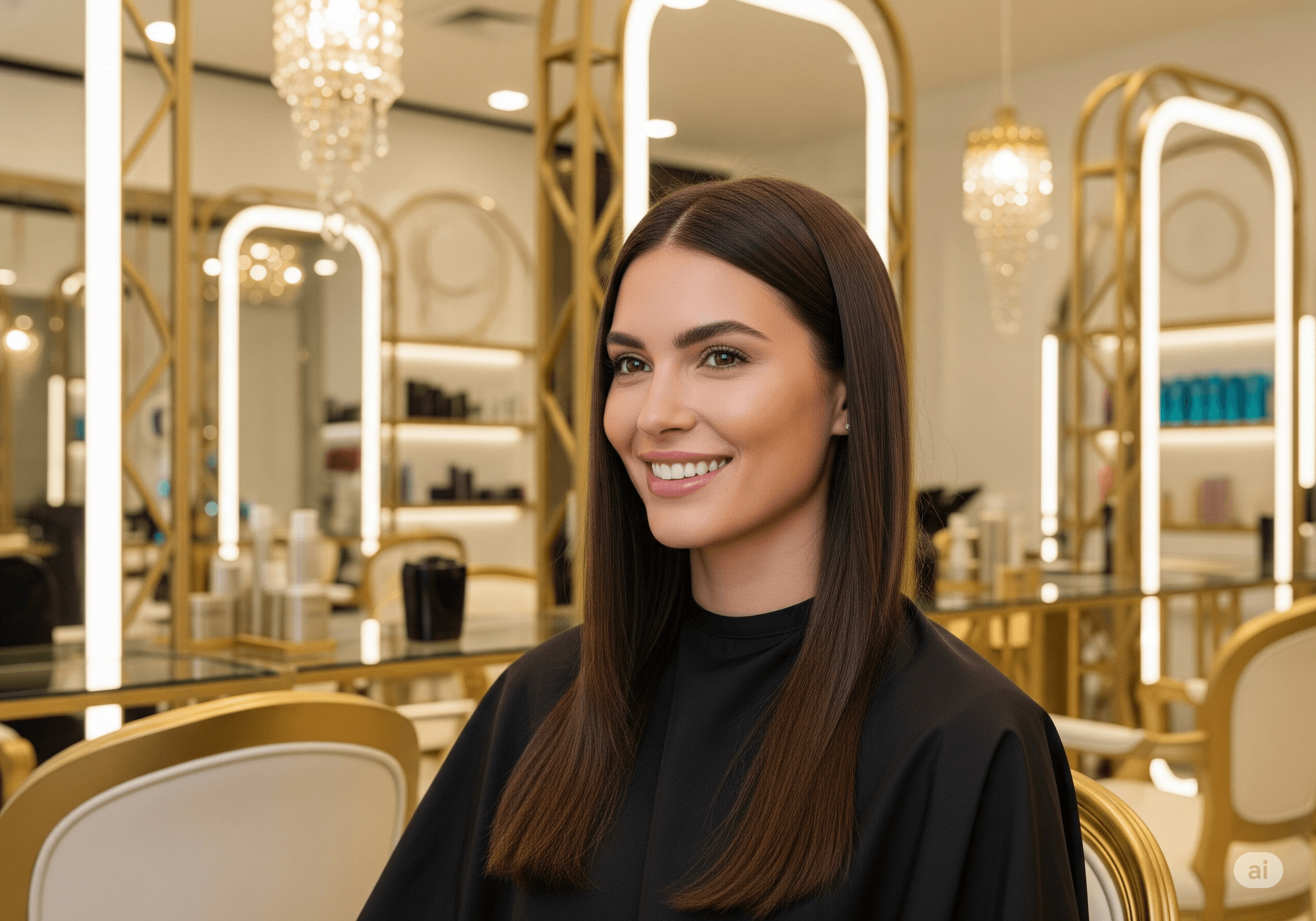 Mujer sonriente con cabello castaño liso en un salón de belleza elegante con espejos dorados.